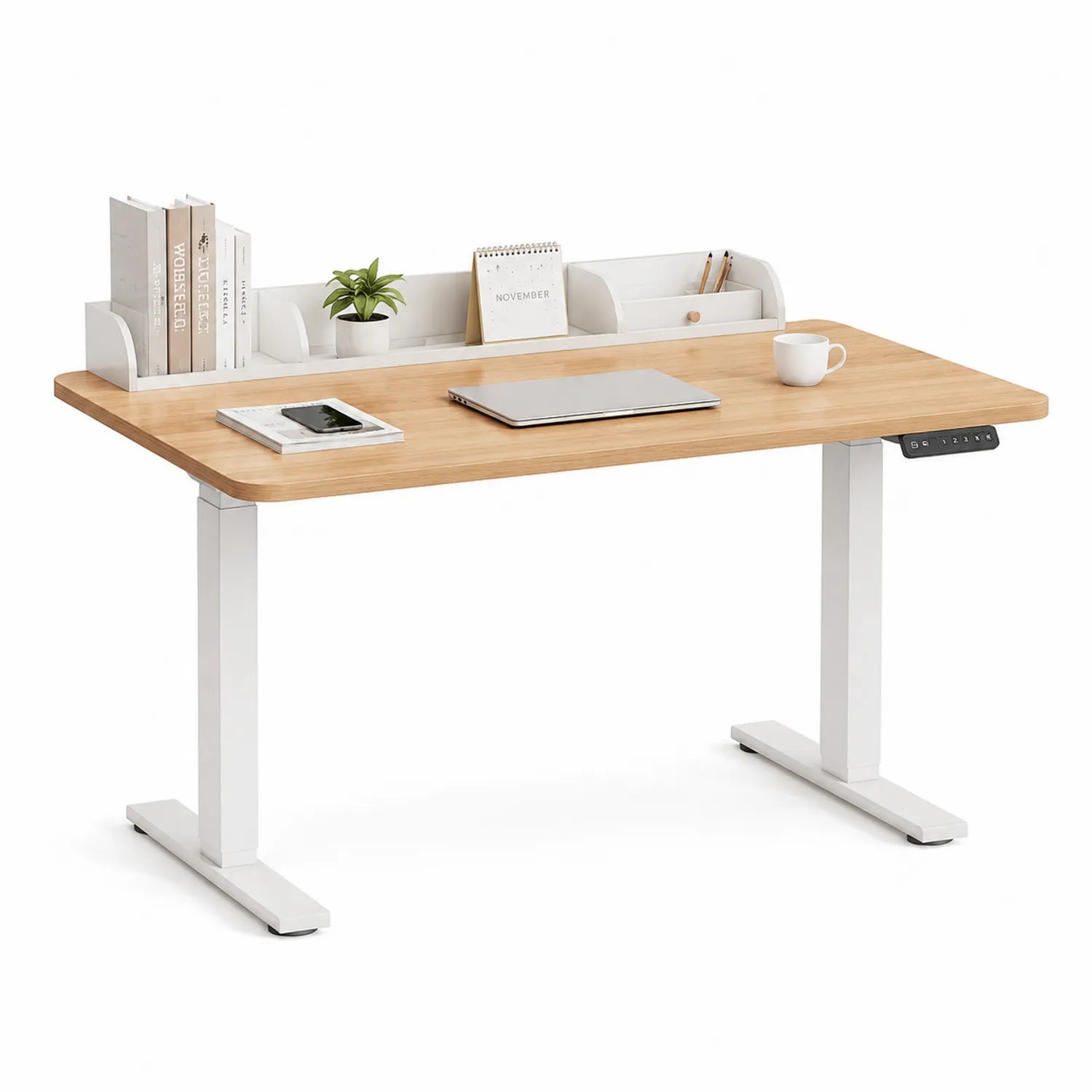 Bureau réglable en hauteur en bambou et acier blanc 120x60 cm