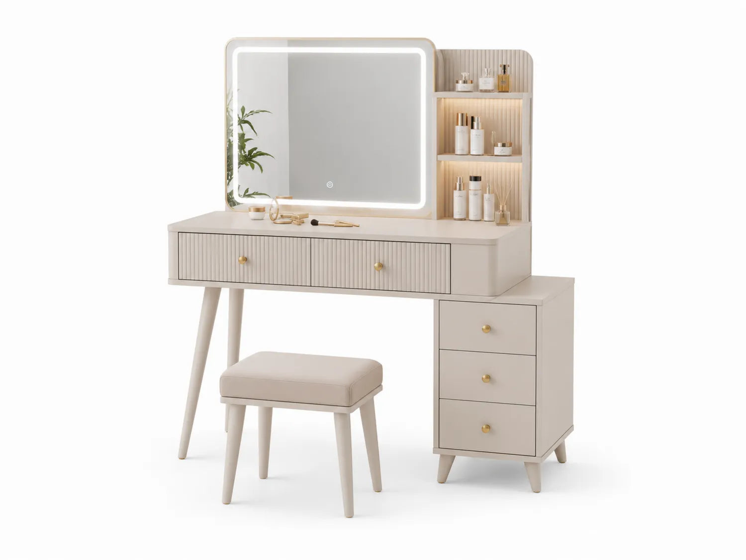 Coiffeuse en MDF avec miroir éclaré et tabouret en similicuir Beige