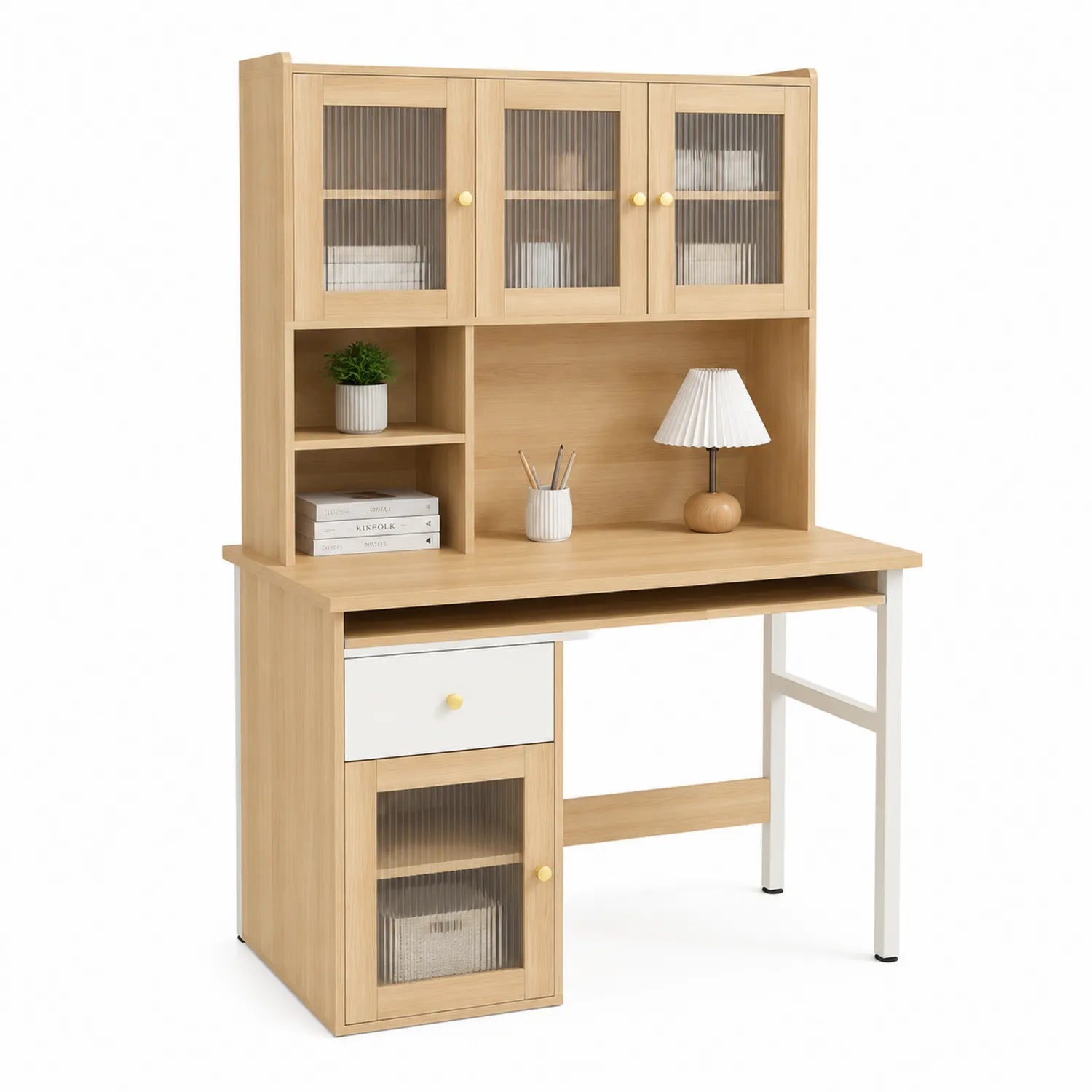 Bureau en bois avec étagère intégrée et portes vitrées