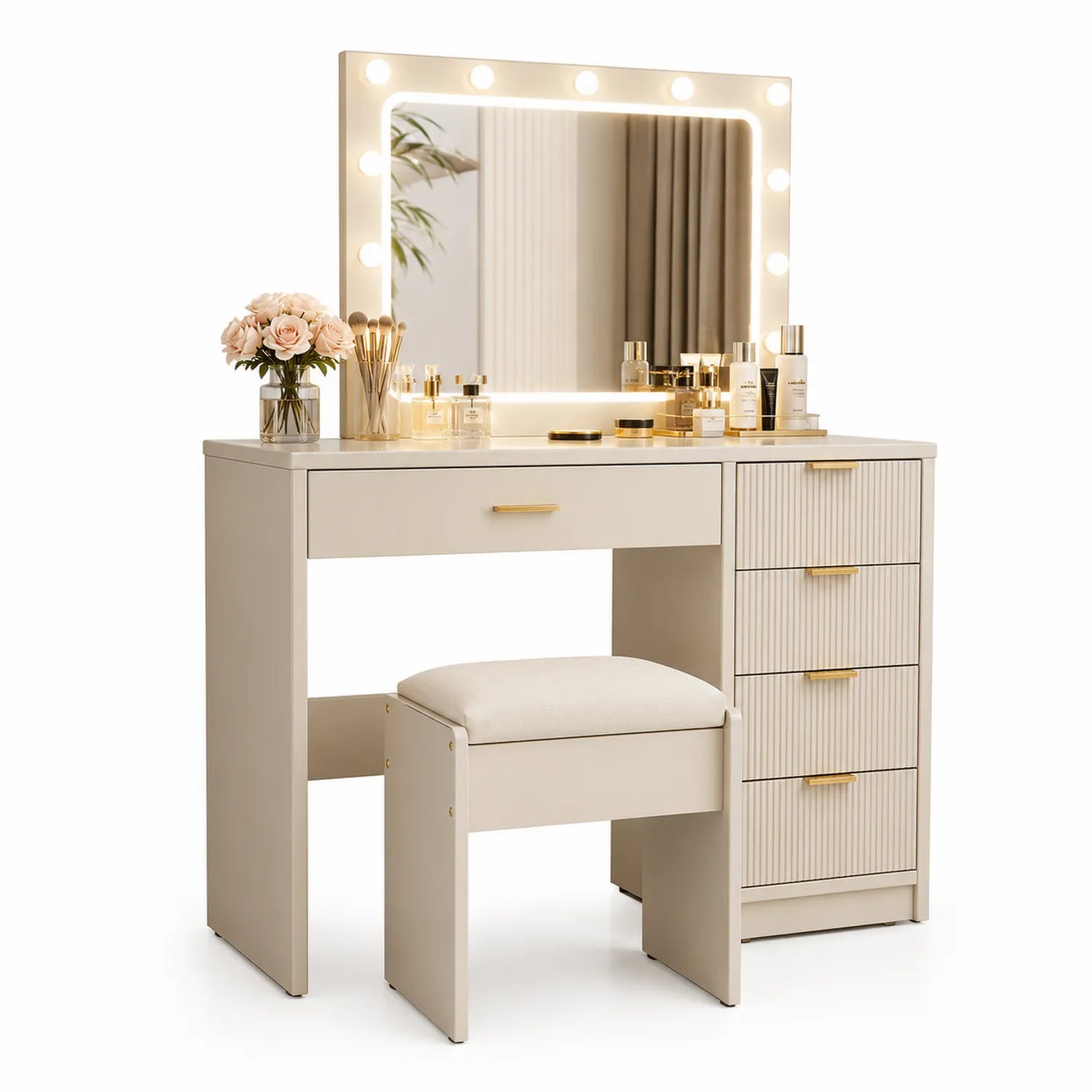 Coiffeuse avec Miroir Éclairé et Tabouret en Bois Crème