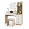 Coiffeuse en Bois avec Miroir LED et Tabouret Blanc/Beige