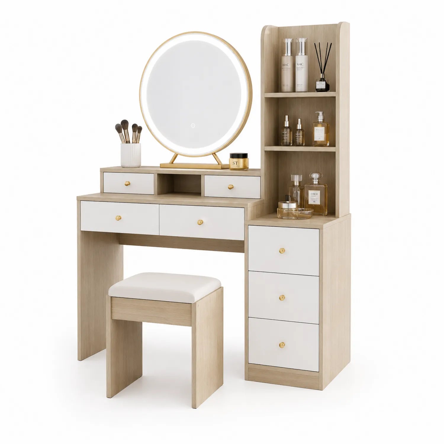 Coiffeuse en Bois avec Miroir LED et Tabouret Blanc/Beige