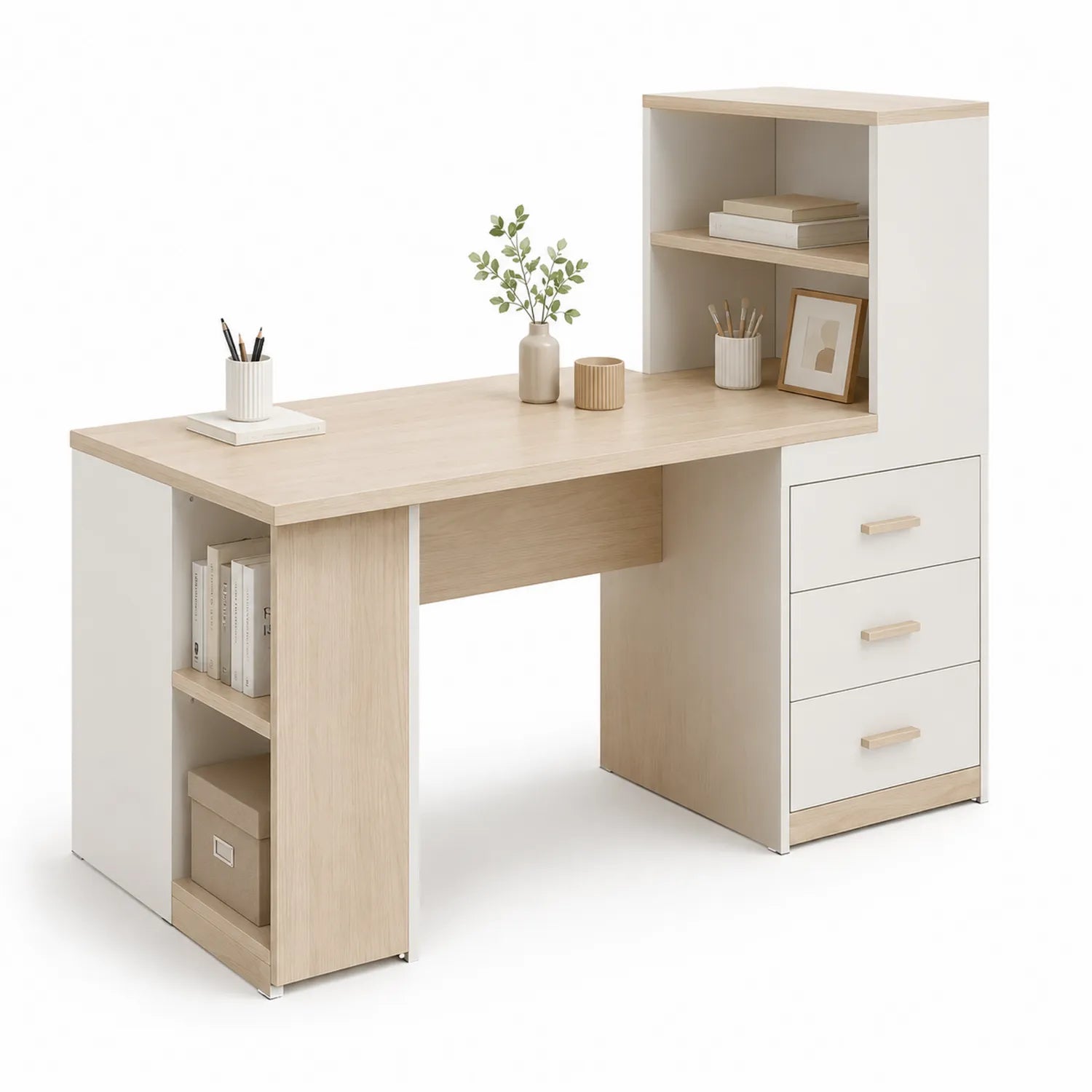 Bureau en MDF avec Étagères et Tiroirs Chêne Clair/Blanc 120x50x75 cm
