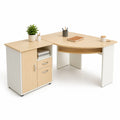 Bureau d'angle en bois chêne clair et blanc avec rangement intégré