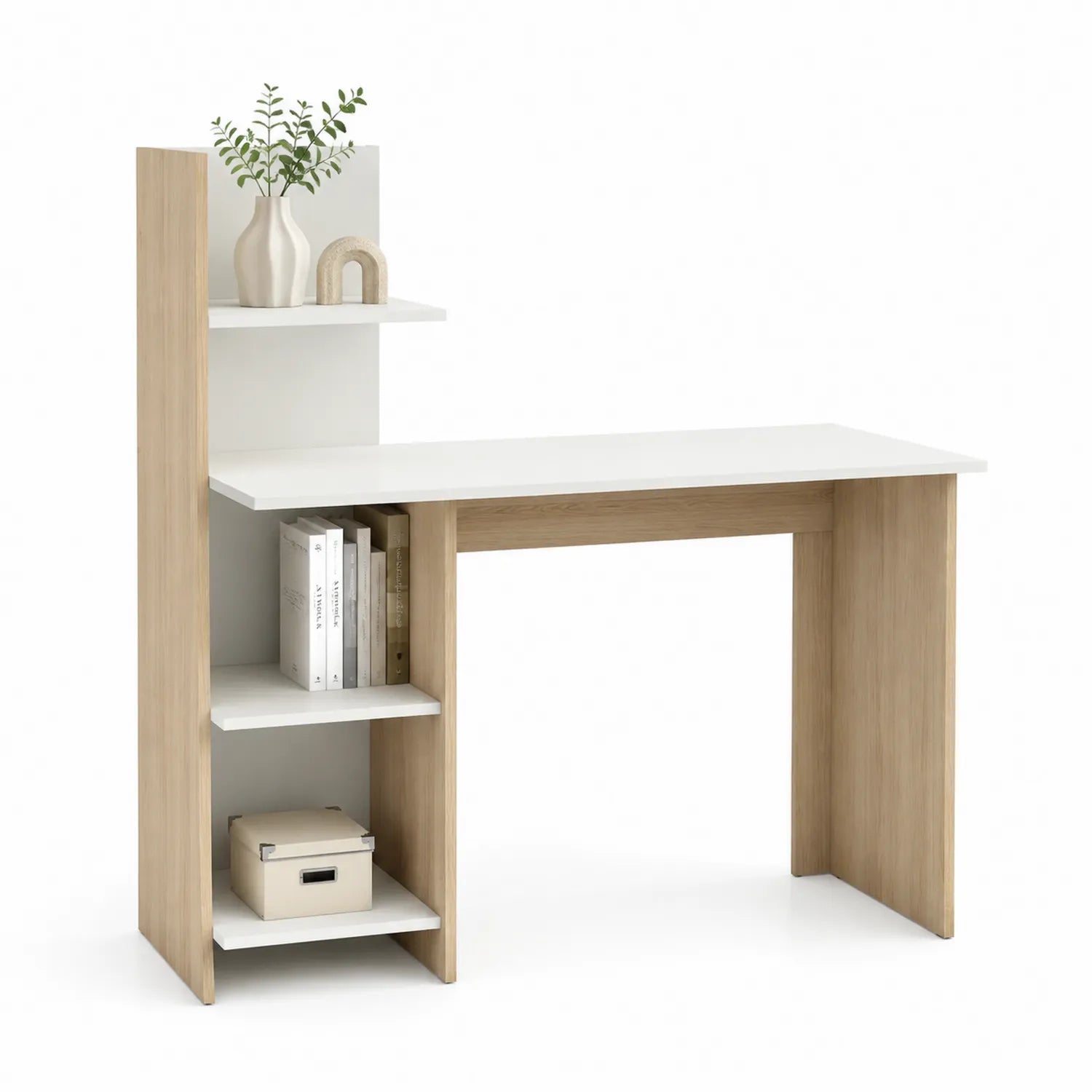 Bureau d'angle en bois blanc et chêne avec étagères