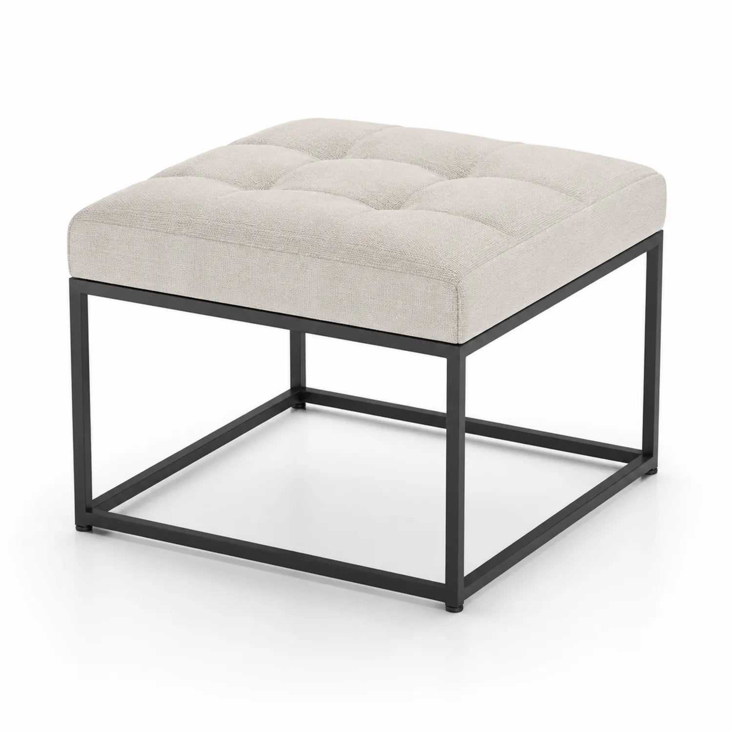 Repose-pieds carré en tissu beige avec cadre métallique