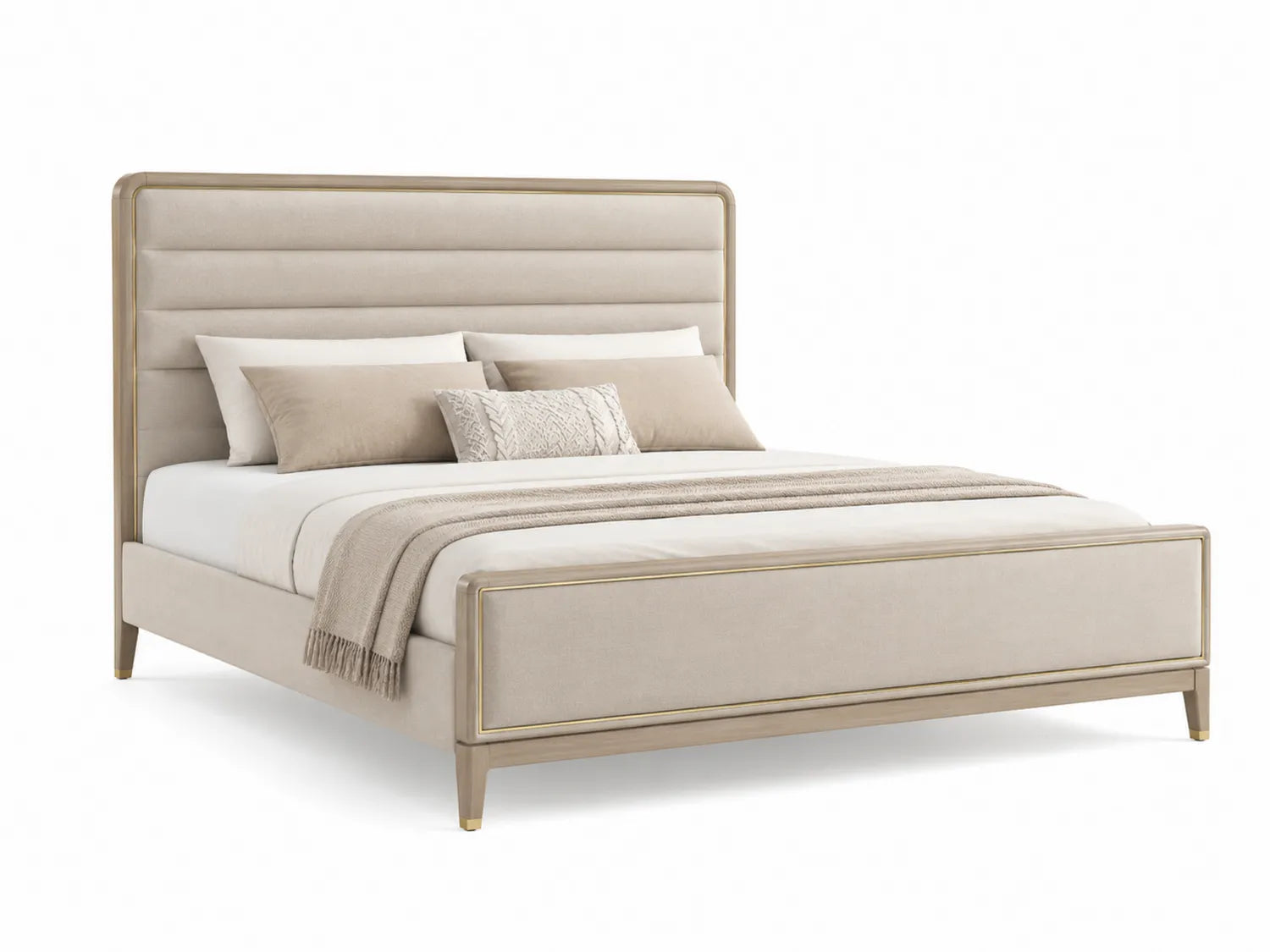 Lit double en bois avec tête de lit en tissu beige 200x160 cm