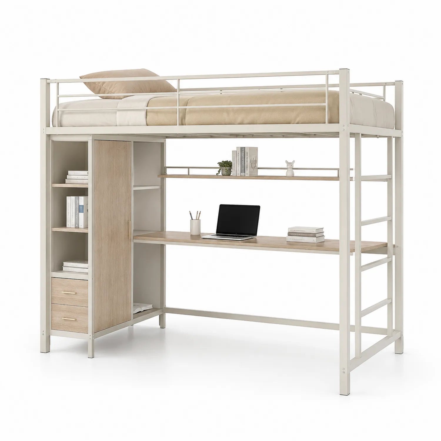 Lit mezzanine avec bureau en métal et bois Blanc/Chêne