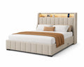 Lit en tissu beige avec rangement et éclairage LED 200x160 cm