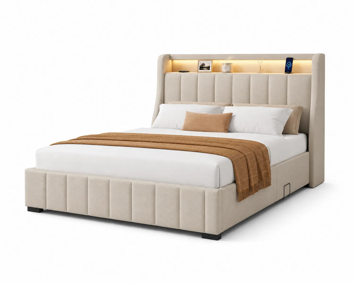 Lit en tissu beige avec rangement et éclairage LED 200x160 cm