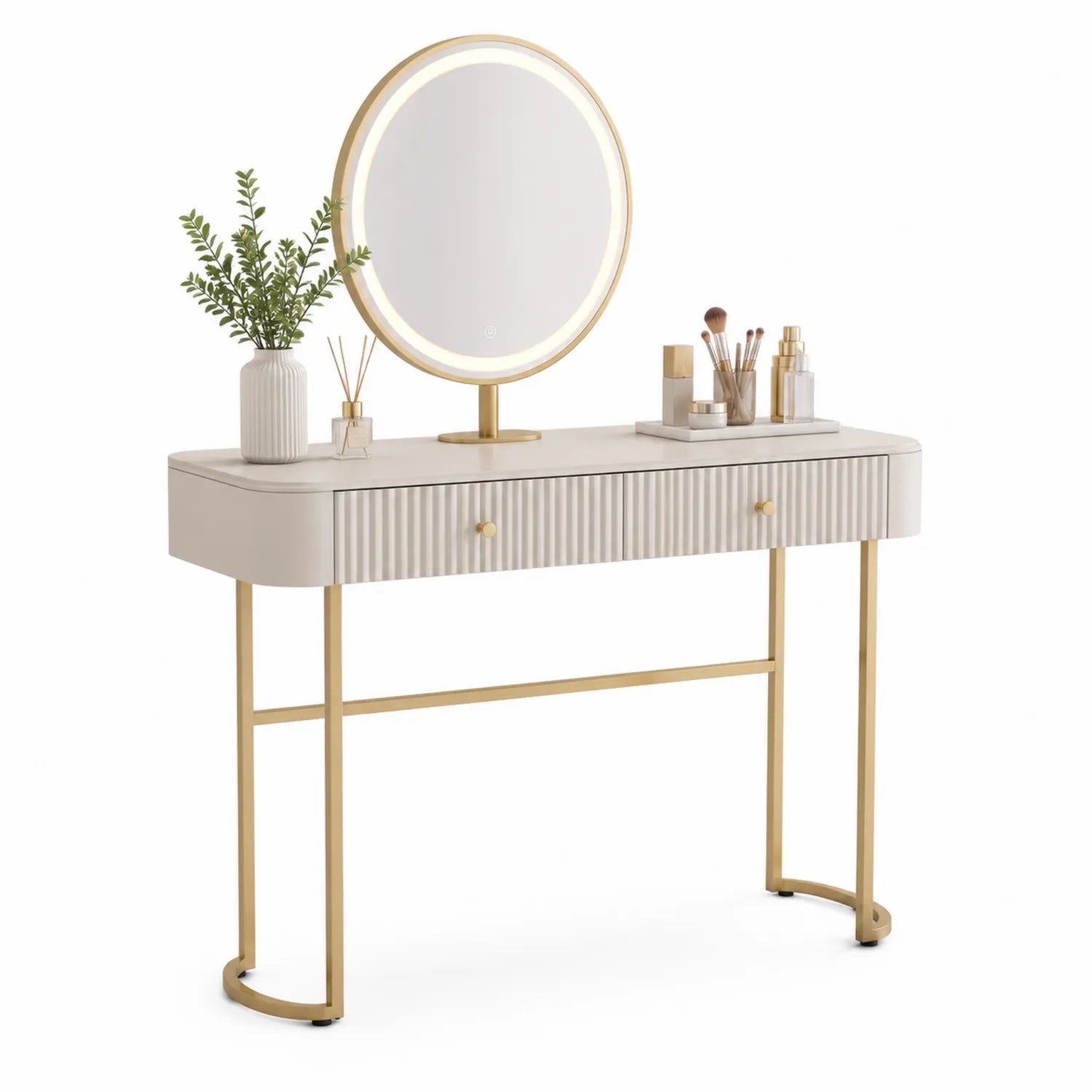Coiffeuse en MDF et métal doré avec miroir LED rond