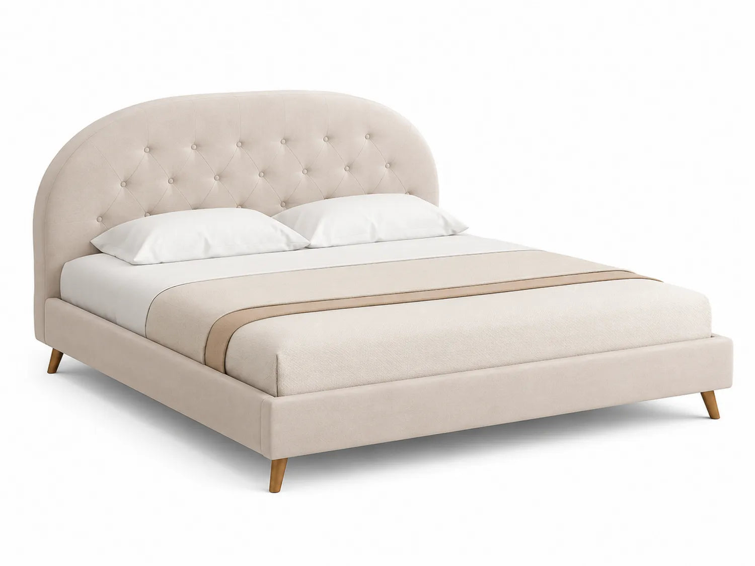 Lit double en bois et tissu avec tête de lit arrondie 160 x 200 cm