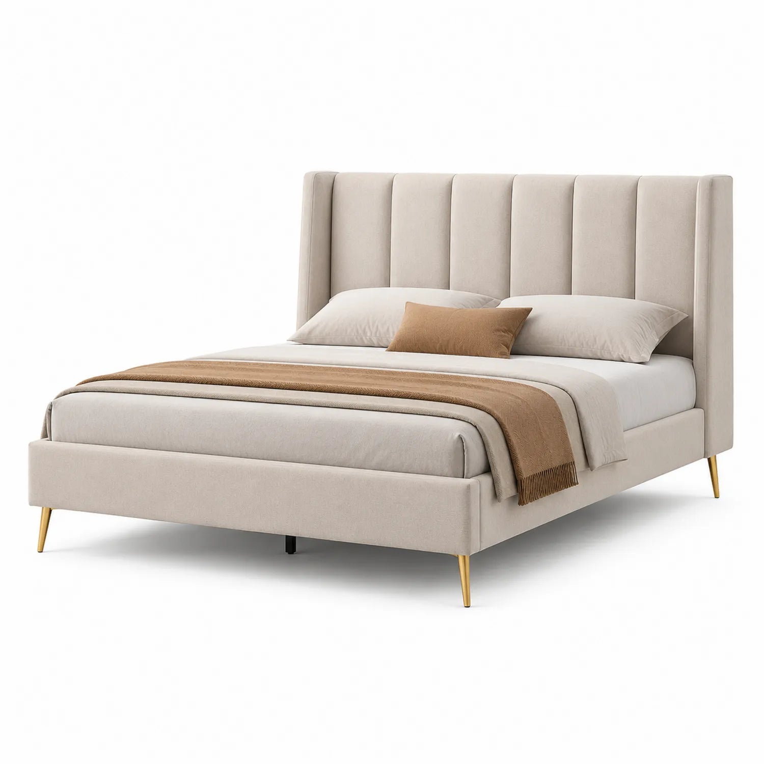 Lit double en tissu avec tête de lit rembourrée et pieds en métal doré 160x200 cm